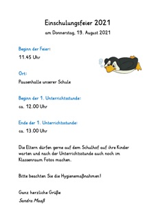 Flyer Einschulungsfeier Pinguinklasse 1c